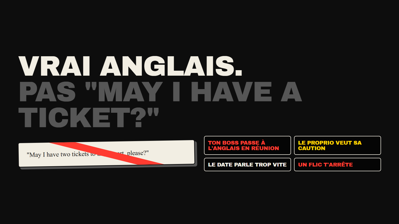 Pas « puis-je avoir un billet pour l'aéroport ». On parle des conversations qui arrivent vraiment : ton chef qui passe à l'anglais en pleine réunion, le propriétaire qui veut la caution, le date qui parle trop vite.