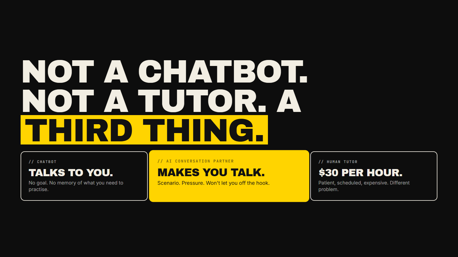 Three cards comparing Chatbot, AI Conversation Partner, and Human Tutor for English learning