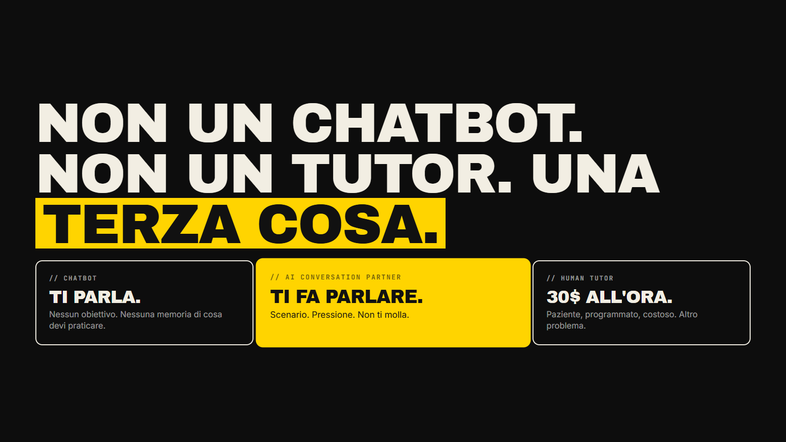 Un partner di conversazione con IA non è un chatbot. Non è nemmeno un tutor umano. È una terza cosa. Ecco come funziona, cosa può e cosa non può fare, e il confronto con le alternative.